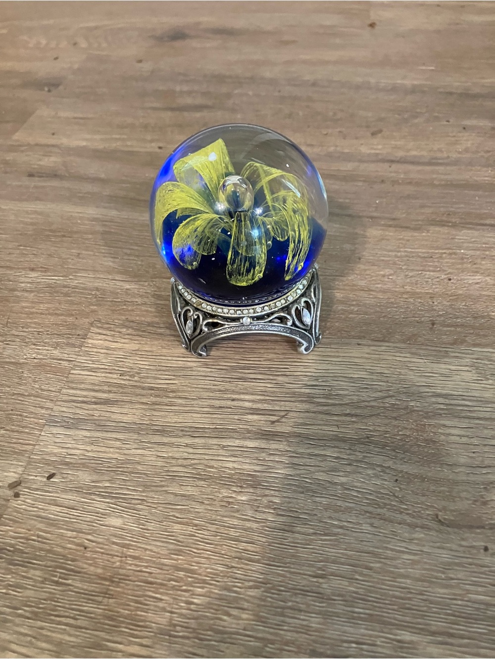 Blue Glass Art Sphere with Yellow Floral Core